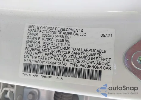 2021 Honda Accord Sport Special Edition из США, поврежденный, VIN 1HGCV1F4XMA108240